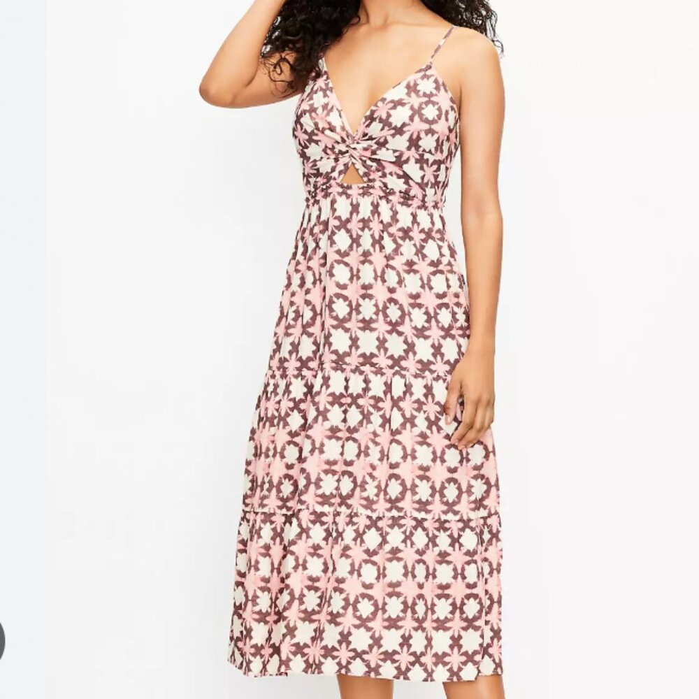 LOFT Sun washed Floral Tiered Midi Dress Pink Size 10